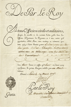 Lot 2465, Auction  120, Ludwig XVI., König von Frankreich, Passierschein für den Landgrafen von Hessen