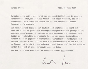 Lot 2729, Auction  120, Stern, Carola, Masch. Schreiben m. U. 1 S. Fol. Köln 15.7.1991