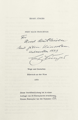 Lot 2981, Auction  120, Jünger, Ernst, Vier Privatdrucke - jeweils mit Widmung oder Signatur