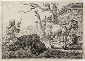 Lot 5147, Auction  120, Laer, Pieter de, Drei Schweine, zwei Esel, mit Spinnerin links