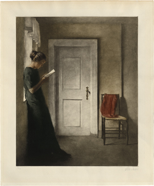 Lot 5411, Auction  120, Ilsted, Peter, Interieur mit lesendem Mädchen und rotem Schal (Interiør med et rødt sjal)