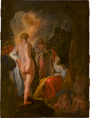 Lot 6002, Auction  120, Flämisch, um 1600. Venus mit spiegelhaltender Gefährtin, Bacchus, Ceres, und Amoretten in felsiger Ruinenlandschaft, am Himmel Helios im Sonnenwagen