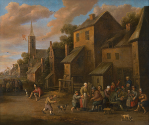 Lot 6004, Auction  120, Droochslot, Jan Cornelis - zugeschrieben, Dorflandschaft mit Spielern und Zechern vor einem Wirtshaus