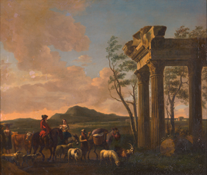 Lot 6008, Auction  120, Niederländisch, 2.H. 17.Jh. Reiter und Hirten in südlicher Ideallandschaft mit römischer Tempelruine