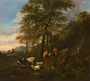 Lot 6009, Auction  120, Begeyn, Abraham Jansz., Südliche Landschaft mit Viehhirten vor einem Felshang mit Wasserfall