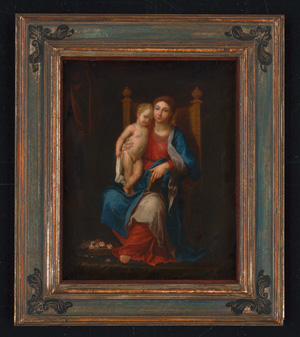 Los 6015 - Französisch - 18. Jh. Maria mit dem Kind auf einem Thron sitzend und mit einem Blumenkorb zu den Füßen - 1 - thumb