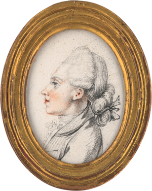 Lot 6046, Auction  120, Carvelle, Jean-Baptiste - Schule, Miniatur Portrait eines jungen Mannes mit gepuderter Perücke im Profil nach links