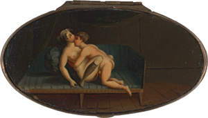 Lot 6051, Auction  120, Kontinentaleuropäisch, um 1820/1830. Schwarze Lackdose mit erotischer Szene auf dem Deckel