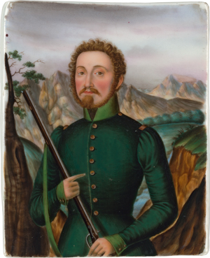 Lot 6055, Auction  120, Deutsch, um 1830/1840. Miniatur Portrait eines bärtigen Mannes mit Gewehr im Gebirge