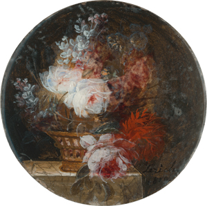 Lot 6059, Auction  120, Leriche, Miniatur Stillleben Blumenkorb mit weißen Rosen, auf Podest