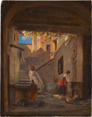 Lot 6095, Auction  120, Dänisch, um 1830. Blick in einen römischen Innenhof mit Wäscherinnen
