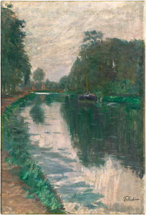 Lot 6206, Auction  120, Skarbina, Franz, Herbstlicher Kanal in Frankreich mit kleinem Frachtkahn