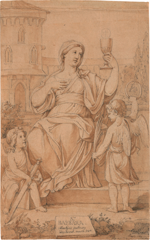 Lot 6315, Auction  120, Bergler d. J., Joseph, Die hl. Barbara mit dem Kelch vor dem Turm sitzend