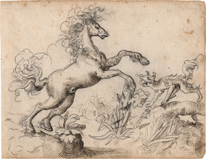 Lot 6638, Auction  120, Deutsch, 16. Jh. Landschaft mit springendem Pferd