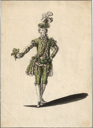 Lot 6688, Auction  120, Boquet, Louis René, Kostümfigur eines Kavaliers im grünen Rock mit Federhut