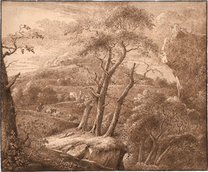 Lot 6705, Auction  120, Französisch, um 1800. Baumbestandene Landschaft mit Hirte mit drei Kühen, im Hintergrund rechts ein Felsvorsprung mit Burg