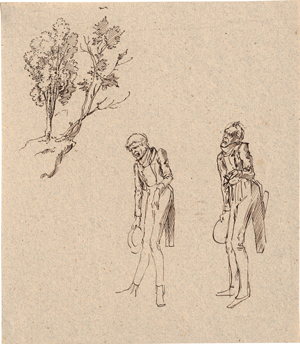Lot 6708, Auction  120, Koch, Joseph Anton, Skizzenblatt mit den Karikaturen zweier Frackträger und Baumstudien