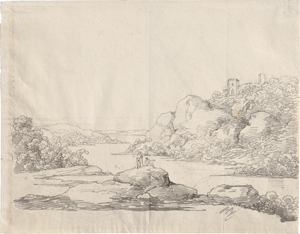 Lot 6728, Auction  120, Rumohr, Carl Friedrich Freiherr von, Felsiges Flusstal mit Ruine und Wanderern