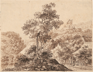 Lot 6730, Auction  120, Kobell, Ferdinand, Landschaft mit zwei ineinander verschlungenen Bäumen und einer Burg im Hintergrund