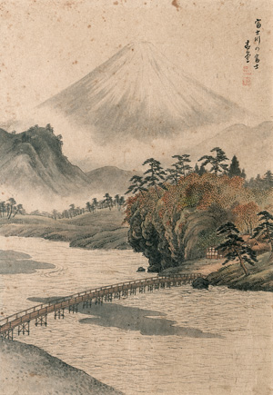 Lot 638, Auction  121, Fuji no Fujiyama, Berg Fuji hinter dem Fuji-Fluss. Aquarell auf Japanpapier.