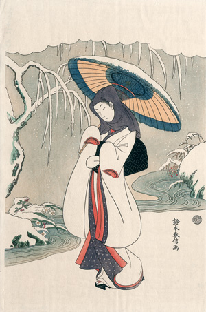 Lot 644, Auction  121, Harunobu, Suzuki, Yuki no naka no shôjo. Ukiyo-e Farbholzschnitt