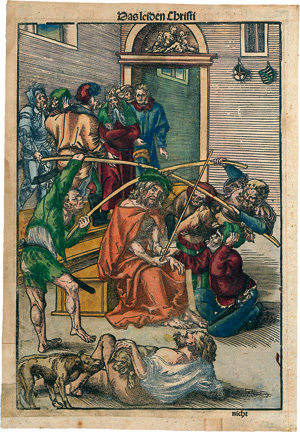 Lot 1039, Auction  121, Cranach, Lucas d. Ä., Passio Christi. 2 Blätter mit 3 kolorierten Buchholzschnitten.