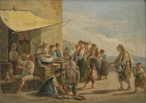 Lot 6046, Auction  121, Italienisch, 19. Jh. Neapolitanische Volksszenen - Reges Treiben an einem Verkaufsstand mit frischen Nudeln; Heimkehrende Fischer unter einem Torbogen am Hafen