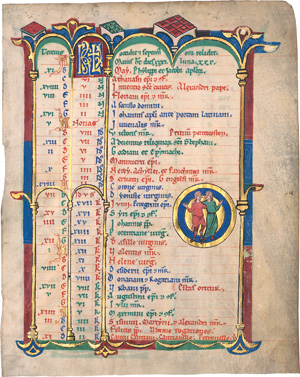 May-Junius, Blatt aus einem spätmittelalterlichen Kalendarium einer großen Stundenbuchhandschrift. Lateinische Schrift in Rot, Blau und Grün auf Pergament