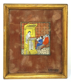 Los 1002 - Magister cum discipulis - Fragment einer mittelalterlichen Handschrift mit einer Miniatur in Gold und Farben auf Pergament. - 3 - thumb