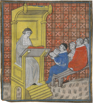 Los 1002 - Magister cum discipulis - Fragment einer mittelalterlichen Handschrift mit einer Miniatur in Gold und Farben auf Pergament. - 0 - thumb