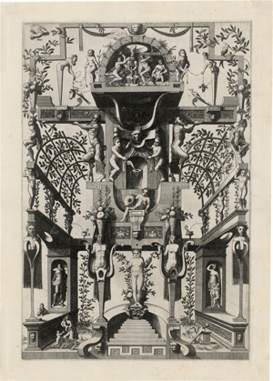 Lot 5096, Auction  122, Floris II., Cornelis - nach, Groteskenornament mit flankierdender Pergola, oben mit der Schmiede des Vulkans