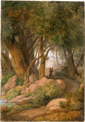 Lot 6043, Auction  122, Richter, Ludwig, Italienische Waldlandchaft mit Wanderer und Ausblick auf ein Kastell