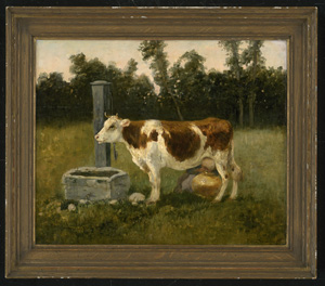 Los 6108 - Bonheur, Rosa - Braun-weiß gefleckte Kuh auf einer Weide mit Melkerin - 1 - thumb