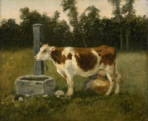 Los 6108 - Bonheur, Rosa - Braun-weiß gefleckte Kuh auf einer Weide mit Melkerin - 0 - thumb