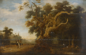 Los 6307 - Niederländisch - 17. Jh. Landschaft mit zwei Edelleuten zu Pferd auf einer Landstraße, im Hintergrund ein Dorf - 0 - thumb