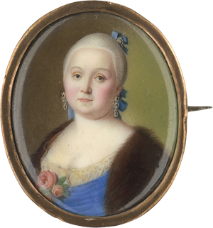 Los 6448 - Russisch - um 1760. Miniatur Portrait einer jungen Frau in blauem Kleid mit braunem Pelz - 0 - thumb