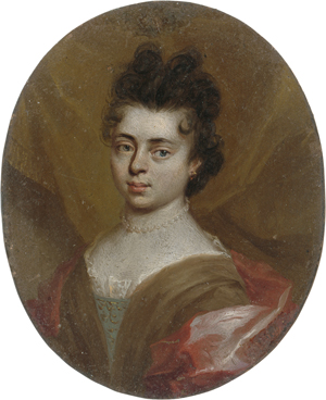 Lot 6456, Auction  122, Netscher, Caspar - Schule, Miniatur Portrait einer jungen Frau mit rotem Umhang, vor olivbrauner Draperie