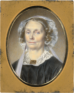 Lot 6491, Auction  122, Britisch oder Nordamerikanisch, um 1840. Miniatur Portrait einer Frau mit blauem Band und Haube, in schwarzem Kleid