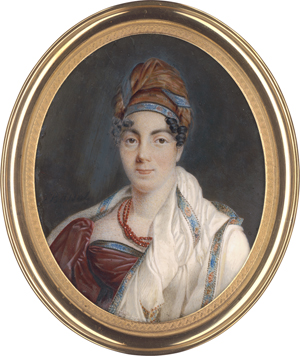 Los 6549 - Busset, Madame G. - Miniatur Portrait einer jungen Frau mit orangem Turban und weißem Schal - 0 - thumb