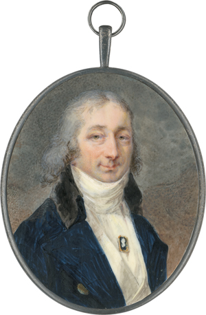 Lot 6582, Auction  122, Barbault de La Broue de St. Avit geb. Peron, Louise, Miniatur Portrait eines Mannes in blauer Jacke mit Miniaturenbrosche; vor Himmmelhintergrund