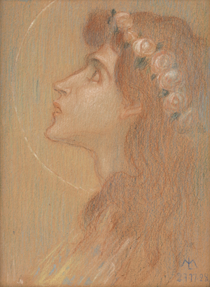 Lot 6824, Auction  122, Lechter, Melchior, "Für Marga zur Heiligen Nacht":  Frau im Profil mit Aureole gen Himmel blickend. 