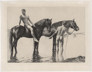 Lot 6354, Auction  123, Jahn, Georg, "Pferdeschwemme" (Zwei Reiter am Ufer)