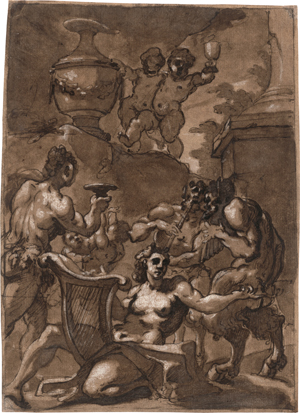 Lot 6534, Auction  123, Italienisch, 17. Jh. Bacchantische Szene mit Satyrn und einer Lyra spielenden Frau