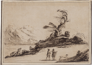 Lot 6535, Auction  123, Il Falsario di Guercino, Flusslandschaft mit zwei Wanderern und Hund und einem Paar unter windgepeitschtem Baum