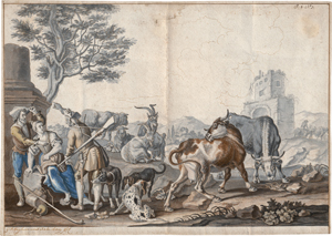 Lot 6558, Auction  123, Rugendas d. J., Georg Philipp, Bukolische Szene: Bauernpaar im Gespräch mit einem Soldaten 