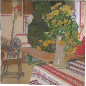 Lot 6749, Auction  123, Stoitzner, Josef, Alpenländisches Interieur mit Kachelofen und einem Strauß Trollblumen