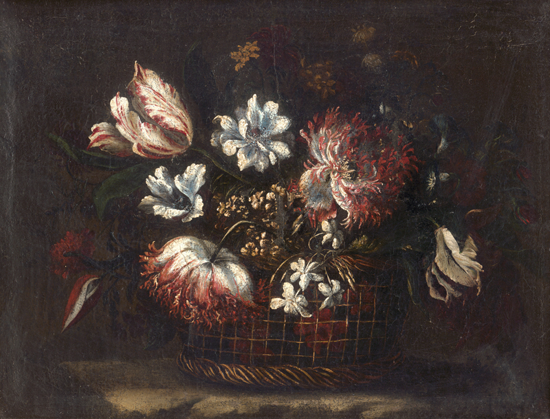 Lot 6005, Auction  123, Spanisch, um 1700. Blumenstillleben mit Tulpen in einem Bastkorb