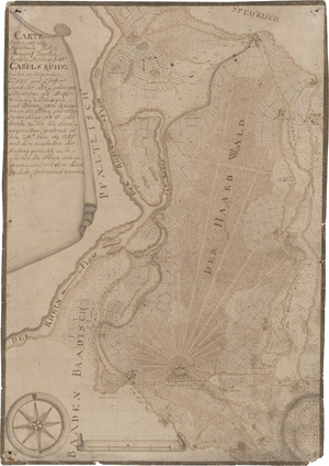 Karlsruhe, 3 gezeichnete Karten in Tusche und Sepia. Deutschland um 1720