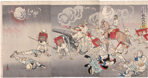 Lot 550, Auction  125, Kobayashi Kiyochika, Heftige Schlacht zwischen japanischen und chinesischen Truppen bei Songhwan. Triptychon. Edo (Tokio) um 1894