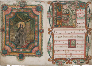 Los 1041 - Sancta Clara - Doppelblatt aus einer spanischen Choralhandschrift. Lateinische Handschrift auf Pergament. Spanien um 1600. Prachtvolle große Heiligendarstellung - 0 - thumb